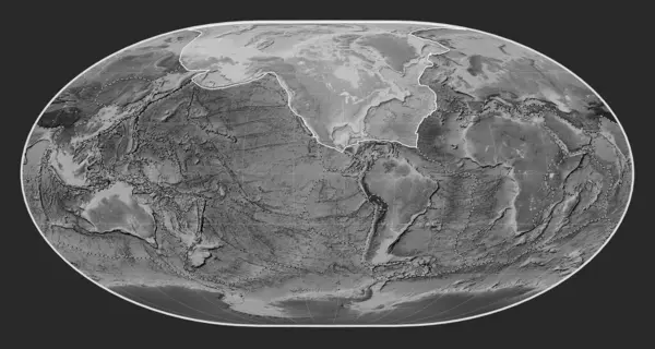 Loximuthal投影のグレースケールの標高地図上の北アメリカのテクトニックプレートは 単独で中心にしました その他のプレートの境界線 — ストック写真