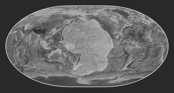 ローマスカル投影のグレースケール標高地図上の太平洋テクトニックプレートは 単独で中心を置いています その他のプレートの境界線 — ストック写真