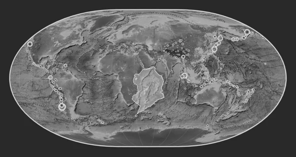 陆相投影灰度高程图上的索马利亚板块以经线为中心 17世纪初以来记录的6 5级以上地震位置 — 图库照片