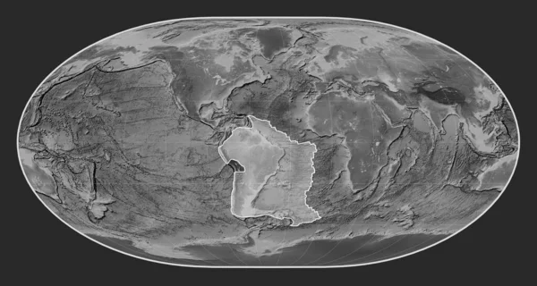 Południowoamerykańska Płyta Tektoniczna Mapie Elewacji Skali Szarości Projekcji Loximuthal Wyśrodkowanej — Zdjęcie stockowe