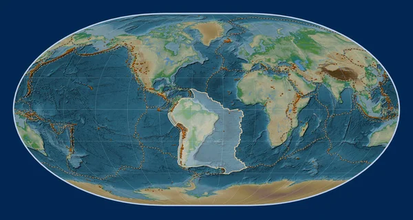 Loximuthal projeksiyon merkezli fiziksel yükseklik haritasında Güney Amerika tektonik plakası. Bilinen volkanların dağılımı