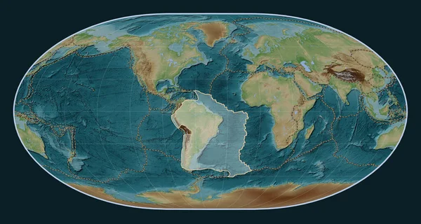 Loximuthal projeksiyon merkezli Wiki stil yükseltme haritasında Güney Amerika tektonik plakası. Diğer kalıpların sınırları