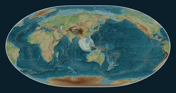 Loximuthal projeksiyon merkezli Wiki stil yükseltme haritasında Sunda tektonik plakası. Diğer kalıpların sınırları