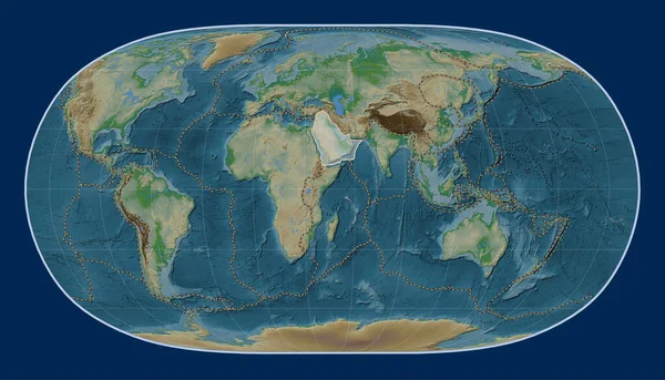 Arabian tectonic plate on the physical elevation map in the Natural Earth II projection centered meridionally. Boundaries of other plates