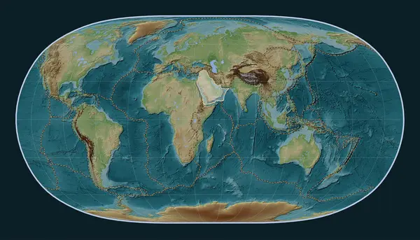 Arabian tectonic plate on the Wiki style elevation map in the Natural Earth II projection centered meridionally. Boundaries of other plates