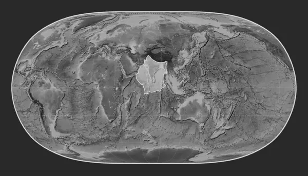 自然の地球Ii投影のグレースケールの標高地図上のインドのテクトニックプレートは 単独で中心にしました その他のプレートの境界線 — ストック写真