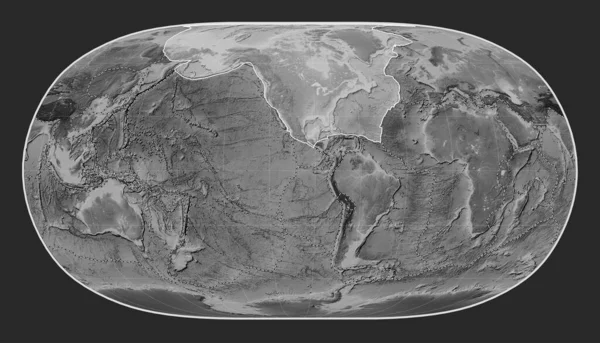 北米のテクトニックプレートは 自然の地球Ii投影のグレースケールの標高地図上に単独で中心を置いています その他のプレートの境界線 — ストック写真