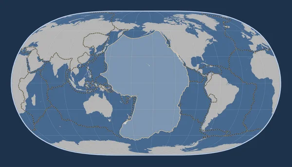 Pacific tectonic plate on the solid contour map in the Natural Earth II projection centered meridionally. Boundaries of other plates