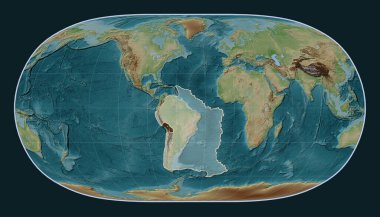 Doğal Dünya II projeksiyonunun meridyenik merkezli Wiki stil yükseltme haritasında Güney Amerika tektonik plakası. 