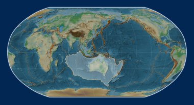 Robinson projeksiyonunun fiziksel yükseklik haritasındaki Avustralya tektonik plakası meridyenik olarak ortalanmış. Bilinen volkanların dağılımı