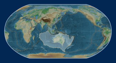 Robinson projeksiyonunun fiziksel yükseklik haritasındaki Avustralya tektonik plakası meridyenik olarak ortalanmış. Diğer kalıpların sınırları
