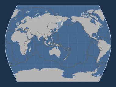 Times projeksiyonunun meridyen merkezli katı hat haritasında Okhotsk tektonik plakası. Diğer kalıpların sınırları