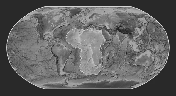 ロビンソン投影のグレースケールの標高地図上のアフリカのテクトニックプレートは 銀河を中心にした その他のプレートの境界線 — ストック写真
