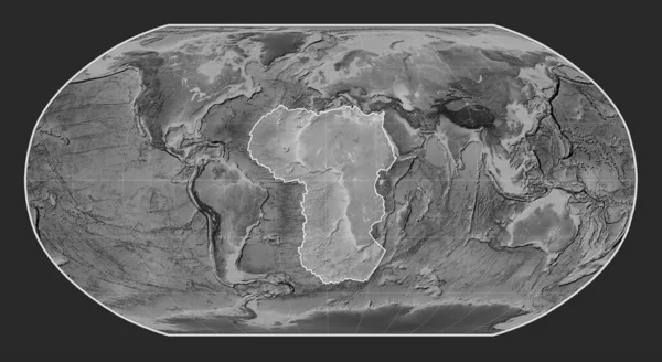 ロビンソン投影を中心としたグレースケールの標高地図上のアフリカのテクトニックプレート — ストック写真