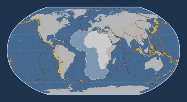 Afrikaanse Tektonische Plaat Solide Contourkaart Robinson Projectie Meridionaal Gecentreerd Aardbevingen — Stockfoto