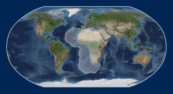 ロビンソン投影の青い大理石の衛星マップ上のアフリカのテクトニックプレートは 単独で中心にしました その他のプレートの境界線 — ストック写真