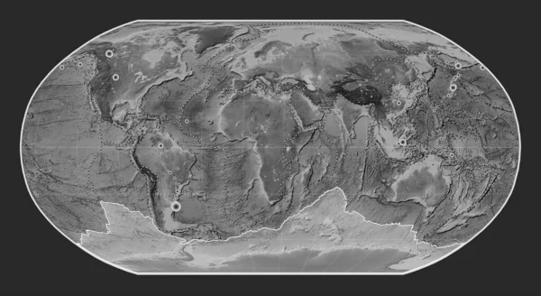 Antarctica Tectonic Plate Grayscale Elevation Map Robinson Projection Centered Meridionally — Stock Photo, Image