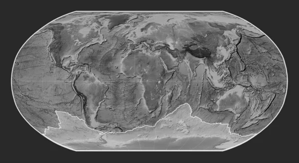 ロビンソン投影のグレースケール標高地図上の南極大陸のテクトニックプレートは 単独で中心に — ストック写真