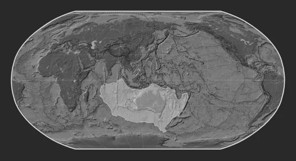 ロビンソン投影図の胆汁標高地図上のオーストラリアのテクトニックプレートは 単独で中心となった その他のプレートの境界線 — ストック写真