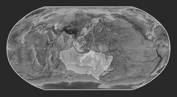 Australská Tektonická Deska Výškové Mapě Stupních Šedi Robinsonově Projekci Meridálně — Stock fotografie