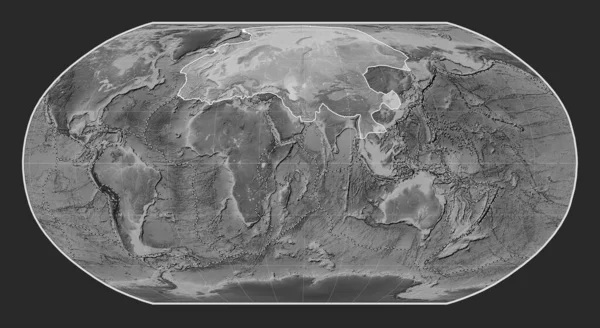 Euraziatische Tektonische Plaat Grayscale Hoogte Kaart Robinson Projectie Gecentreerd Meridionaal — Stockfoto