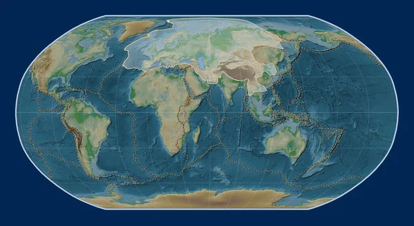 Ευρασιατική Τεκτονική Πλάκα Στο Φυσικό Υψομετρικό Χάρτη Στην Προβολή Ρόμπινσον — Φωτογραφία Αρχείου
