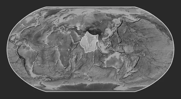 Indická Tektonická Deska Výškové Mapě Stupních Šedi Projekci Robinson Uprostřed — Stock fotografie