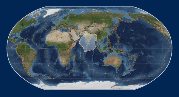 Indiska Tektoniska Plattan Blue Marble Satellitkarta Robinson Projektionen Centrerad Meridionalt — Stockfoto
