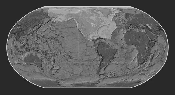ロビンソン投影の胆汁標高地図上の北アメリカのテクトニックプレートは 単独で中心となった その他のプレートの境界線 — ストック写真