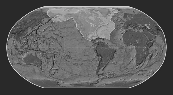 ロビンソン投影を中心とした胆汁標高地図上の北アメリカのテクトニックプレート — ストック写真