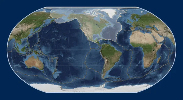ロビンソン投影のブルーマーブル衛星マップ上の北アメリカのテクトニックプレートは 単独で中心にしました その他のプレートの境界線 — ストック写真