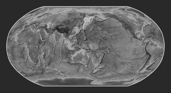 Okhotsk Tektonische Plaat Grayscale Hoogte Kaart Robinson Projectie Gecentreerd Meridionaal — Stockfoto