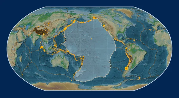 Płyta Tektoniczna Pacyfiku Mapie Elewacji Fizycznej Projekcji Robinsona Wyśrodkowana Południkowo — Zdjęcie stockowe