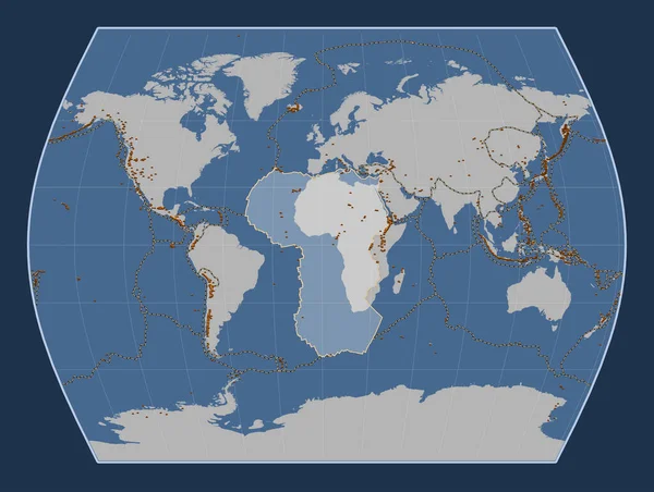 Times Projeksiyonunun Meridyen Merkezli Katı Hat Haritasındaki Afrika Tektonik Plakası — Stok fotoğraf