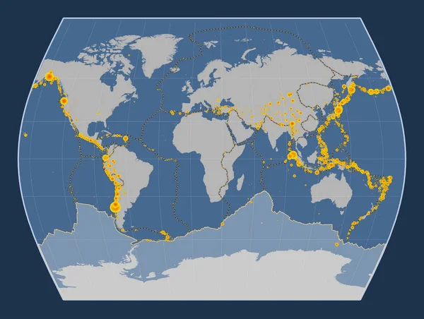 南极洲板块在立体等高线地图上的投影中心是子午线 17世纪初以来记录的6 5级以上地震位置 — 图库照片