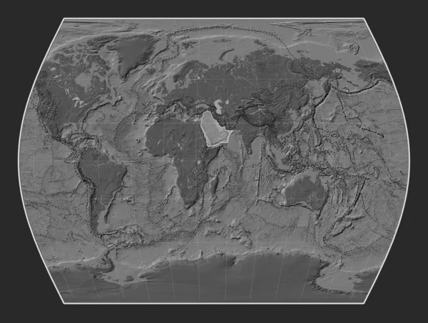Arabian tectonic plate on the bilevel elevation map in the Times projection centered meridionally. Boundaries of other plates