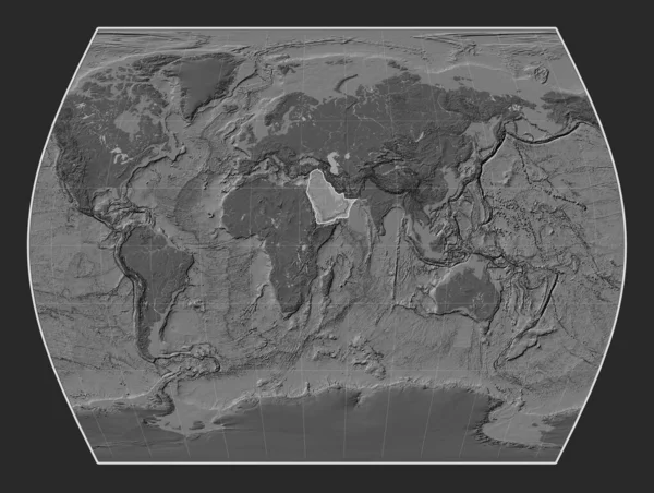 Arabian tectonic plate on the bilevel elevation map in the Times projection centered meridionally.