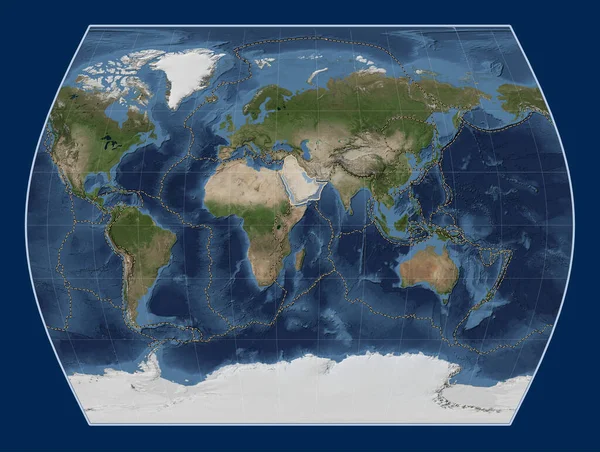 タイムズ プロジェクションのブルー マーブル衛星マップにあるアラビアのテクトニックプレートは 単独で中心となった その他のプレートの境界線 — ストック写真
