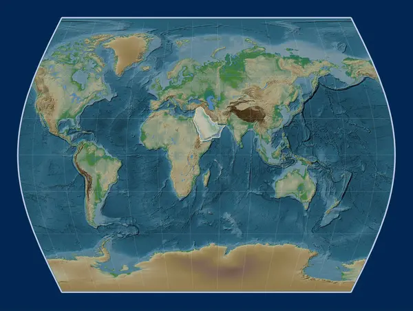Arabian tectonic plate on the physical elevation map in the Times projection centered meridionally.