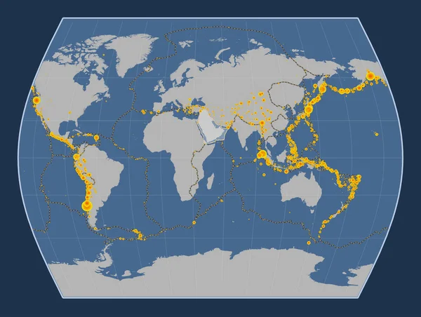 Arabian tectonic plate on the solid contour map in the Times projection centered meridionally. Locations of earthquakes above 6.5 magnitude recorded since the early 17th century