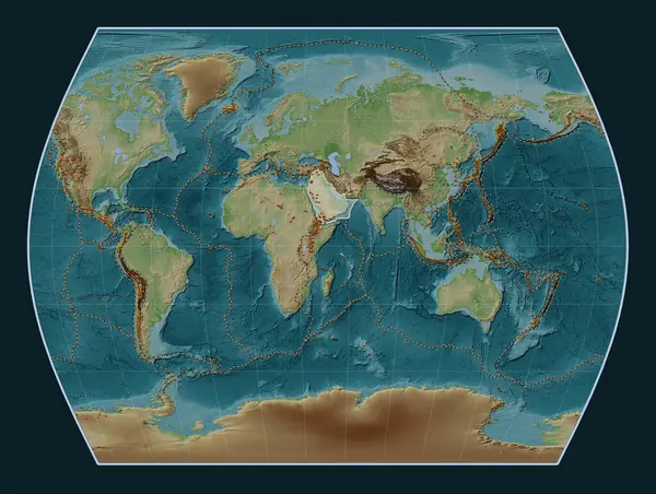 Arabian tectonic plate on the Wiki style elevation map in the Times projection centered meridionally. Distribution of known volcanoes
