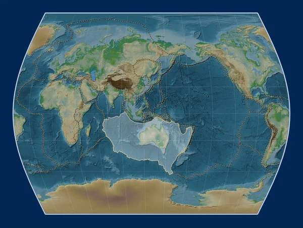 タイムズ プロジェクションの物理的な標高地図上のオーストラリアのテクトニックプレートは 単独で中心となった その他のプレートの境界線 — ストック写真
