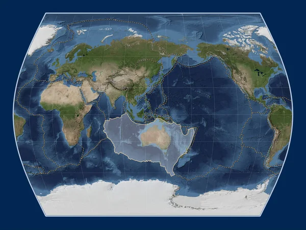 Australiska Tektoniska Plattan Blue Marble Satellitkarta Times Projektion Centrerad Meridionalt — Stockfoto