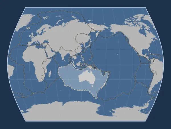 Australian tectonic plate on the solid contour map in the Times projection centered meridionally. Boundaries of other plates