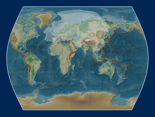 Ευρασιατική Τεκτονική Πλάκα Στο Φυσικό Υψομετρικό Χάρτη Στην Προβολή Times — Φωτογραφία Αρχείου
