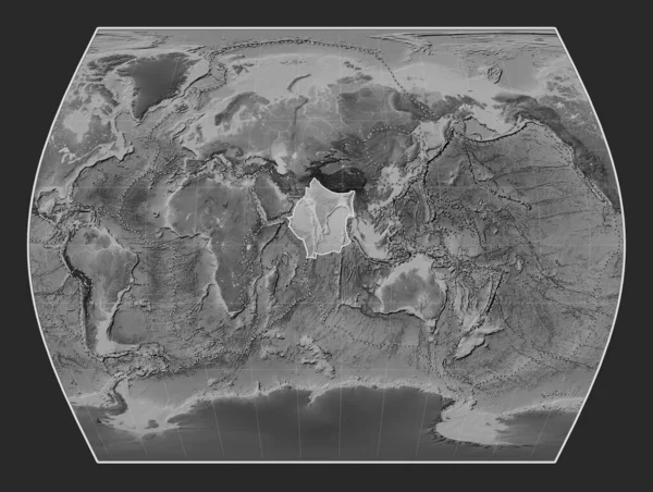Indyjska Płyta Tektoniczna Mapie Elewacji Skali Szarości Projekcji Timesa Wyśrodkowana — Zdjęcie stockowe