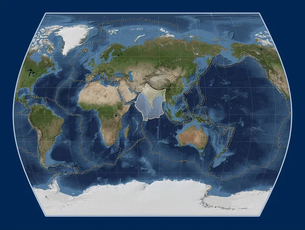 タイムズ プロジェクションのブルー マーブル衛星マップにあるインドのテクトニックプレートは 単独で中心となった その他のプレートの境界線 — ストック写真