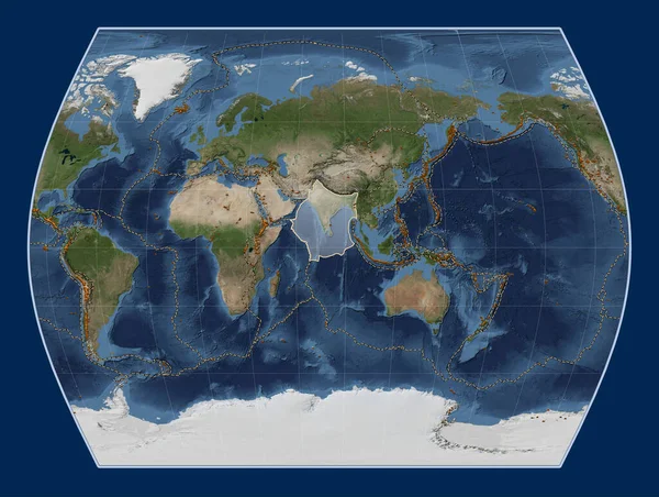 Indiska Tektoniska Plattan Blue Marble Satellitkarta Times Projektion Centrerad Meridionalt — Stockfoto