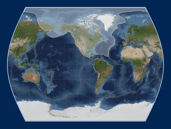 タイムズ プロジェクションのブルー マーブル衛星マップにある北米のテクトニックプレートは 単独で中心となった その他のプレートの境界線 — ストック写真