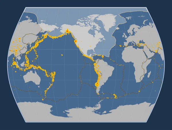 北美洲板块在实心等高线地图上的投影偏心是经向的 17世纪初以来记录的6 5级以上地震位置 — 图库照片